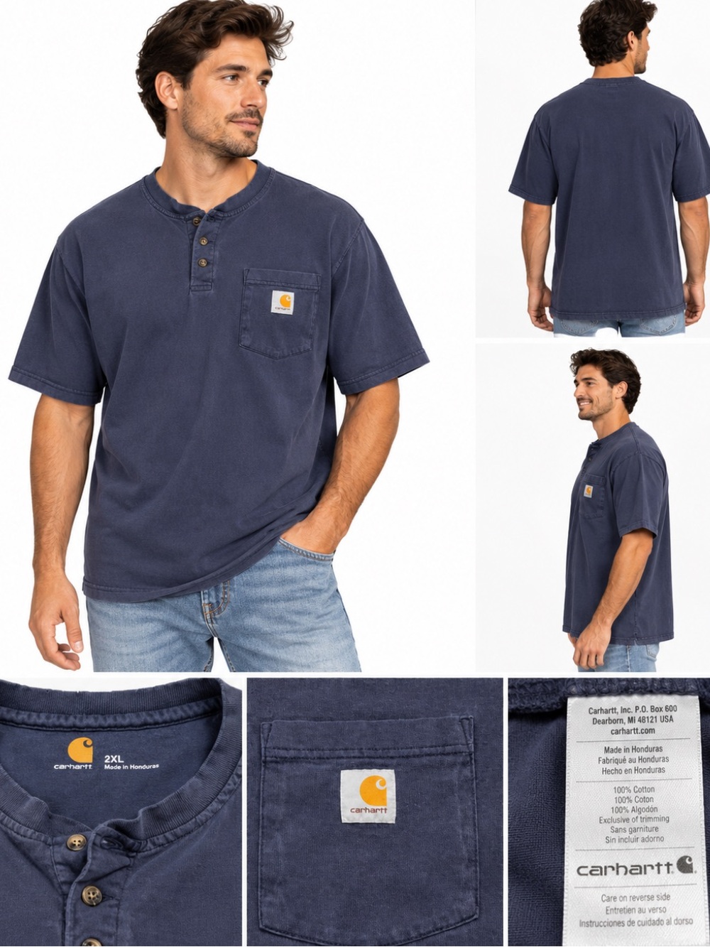 Carhartt K84 Men’s 2XL Navy Henley Pocket T Shirt Faded Workwear